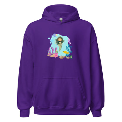 A unisex purple hoodie featuring a mermaid design surrounded by sea creatures and water. Designed Wizard Prints creation.