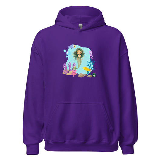 A unisex purple hoodie featuring a mermaid design surrounded by sea creatures and water. Designed Wizard Prints creation.