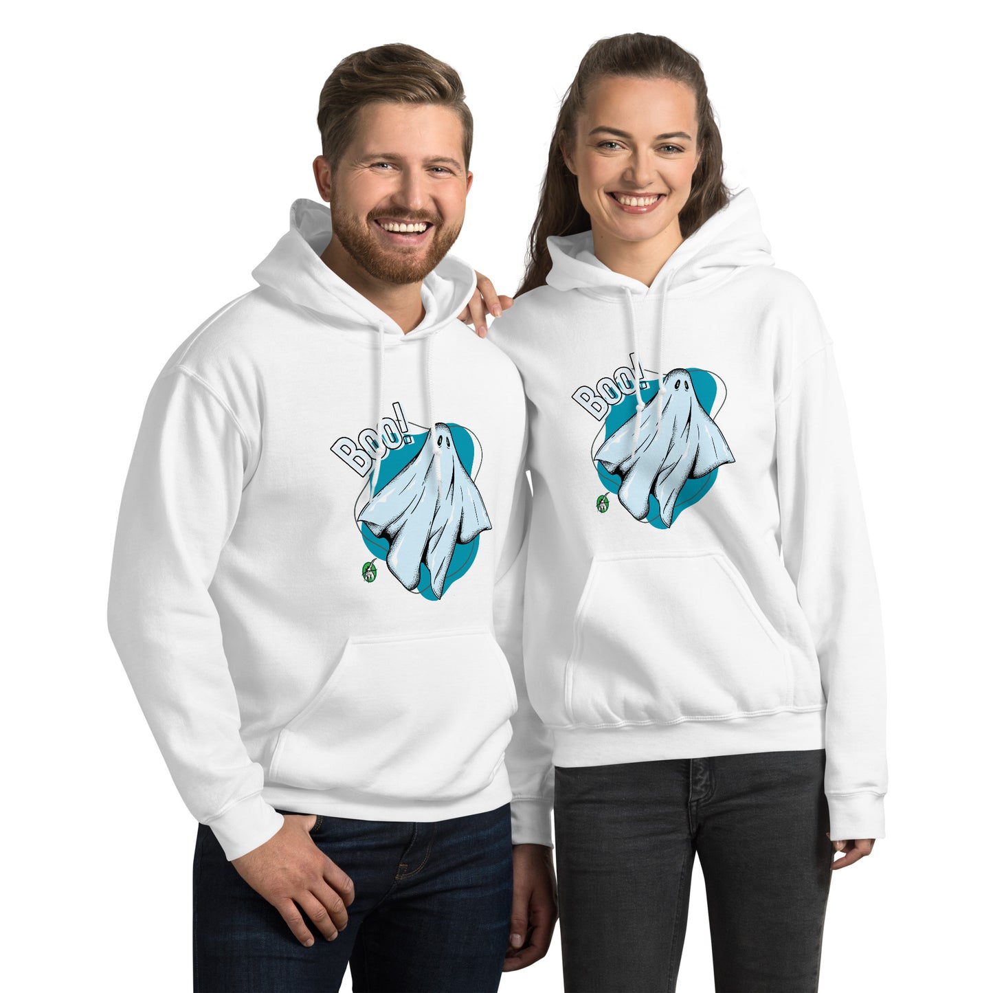 A man and woman standing wearing a Wizard Prints Halloween hoodie in black with a printed graphic on the front of a ghost saying Boo!
