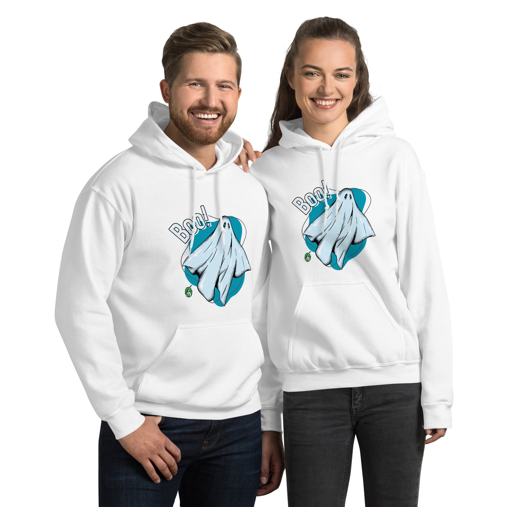 A man and woman standing wearing a Wizard Prints Halloween hoodie in black with a printed graphic on the front of a ghost saying Boo!