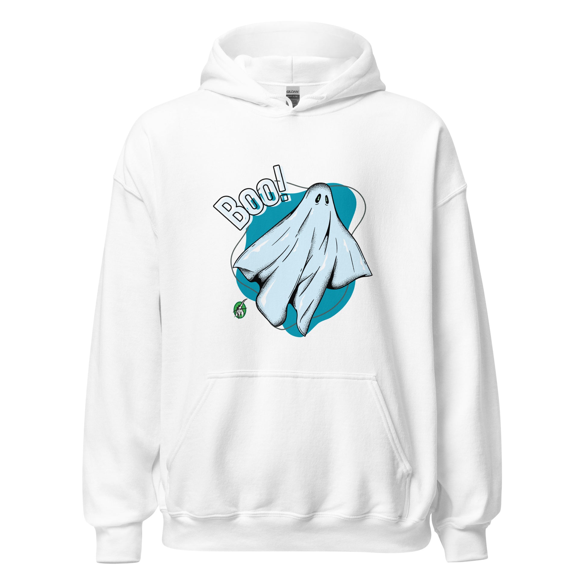 A Wizard Prints Halloween hoodie in white with a printed graphic on the front of a ghost saying Boo!