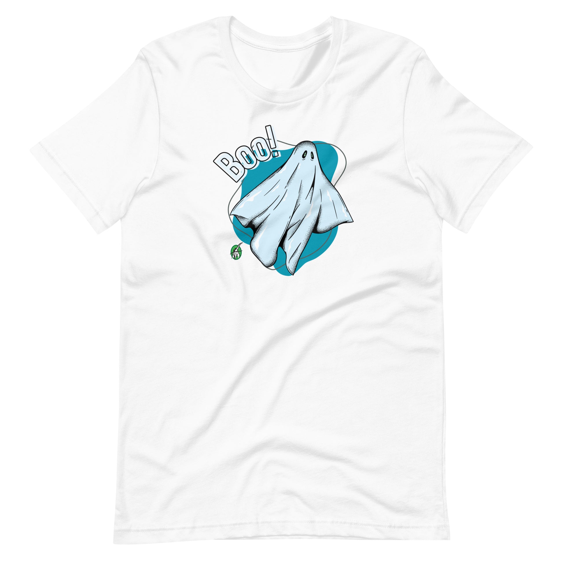 A Wizard Prints Halloween T-Shirt in white with a printed graphic on the front of a ghost saying Boo!
