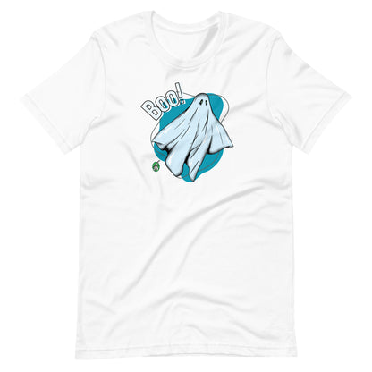 A Wizard Prints Halloween T-Shirt in white with a printed graphic on the front of a ghost saying Boo!