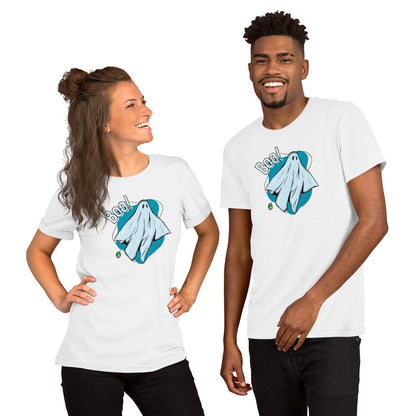 A man and woman standing wearing a Wizard Prints Halloween tee shirt in white with a printed graphic on the front of a ghost saying Boo!