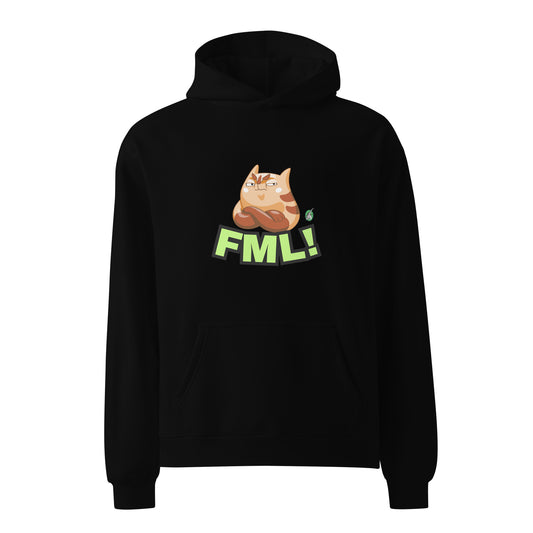 A unisex black hoodie by Wizard Prints featuring a printed graphic of a grumpy cat with the words, 'FML!'. 
