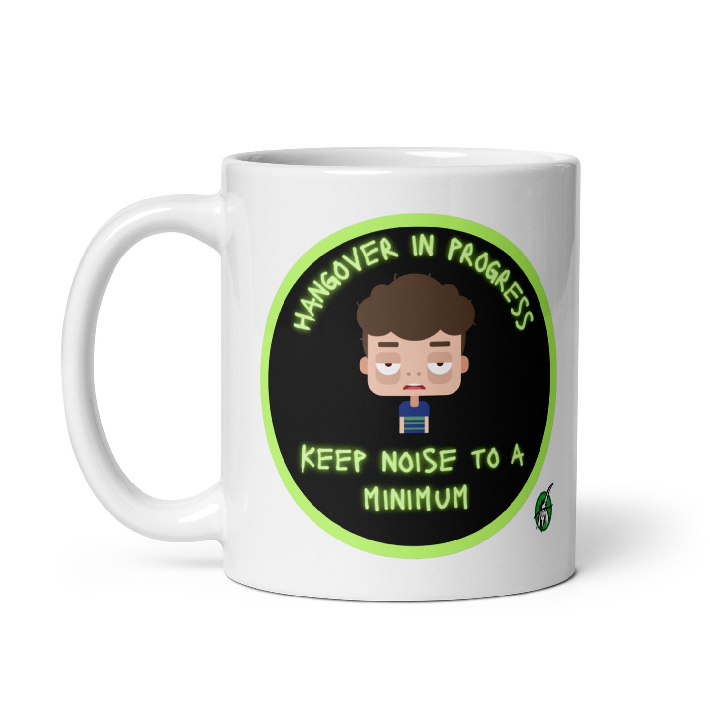 Wizard Prints white graphic mug with a sleepy cartoon character and 'Hangover in progress. Keep noise to a minimum' text on a white background.