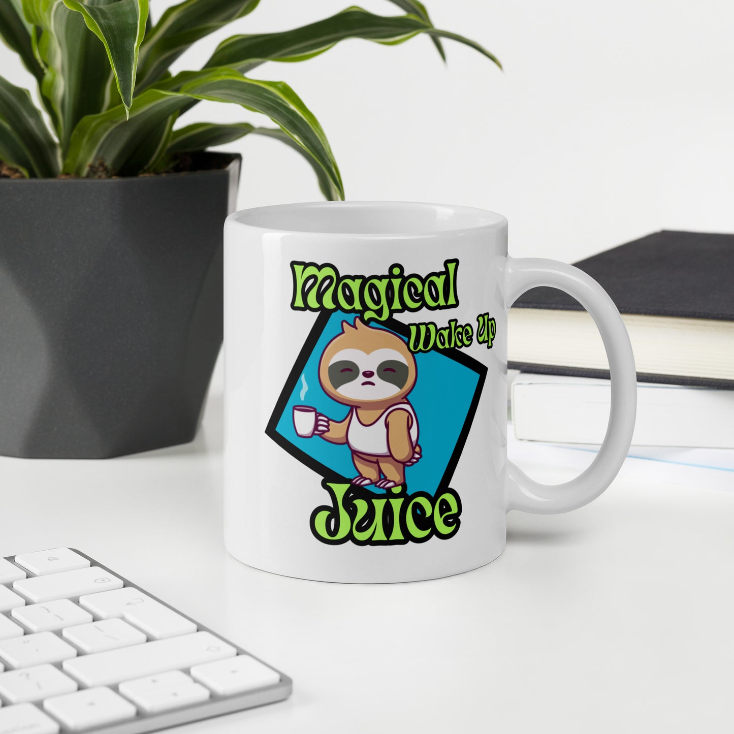 White Wizard Prints mug with a cartoon sloth design and 'Magical Wake up Juice' text with office background.