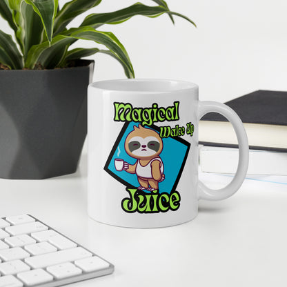 White Wizard Prints mug with a cartoon sloth design and 'Magical Wake up Juice' text with office background.