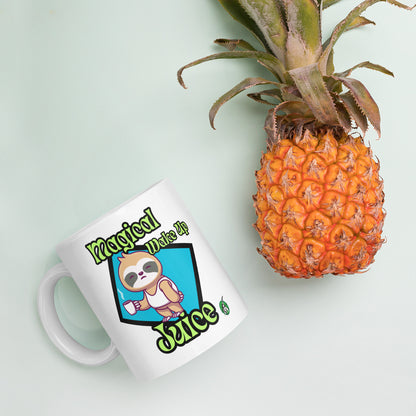 White Wizard Prints mug with a cartoon sloth design and 'Magical Wake up Juice' text and pineapple on a light green background