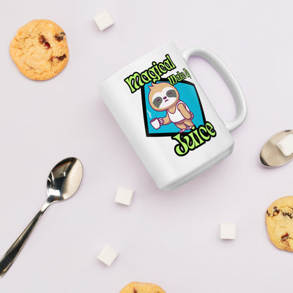 White Wizard Prints mug with a cartoon sloth design and 'Magical Wake up Juice' text on a light surface with cookies and a spoon.