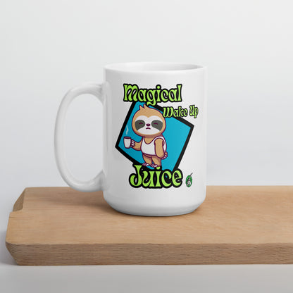White Wizard Prints mug with a cartoon sloth design and 'Magical Wake up Juice' text on a wooden surface.