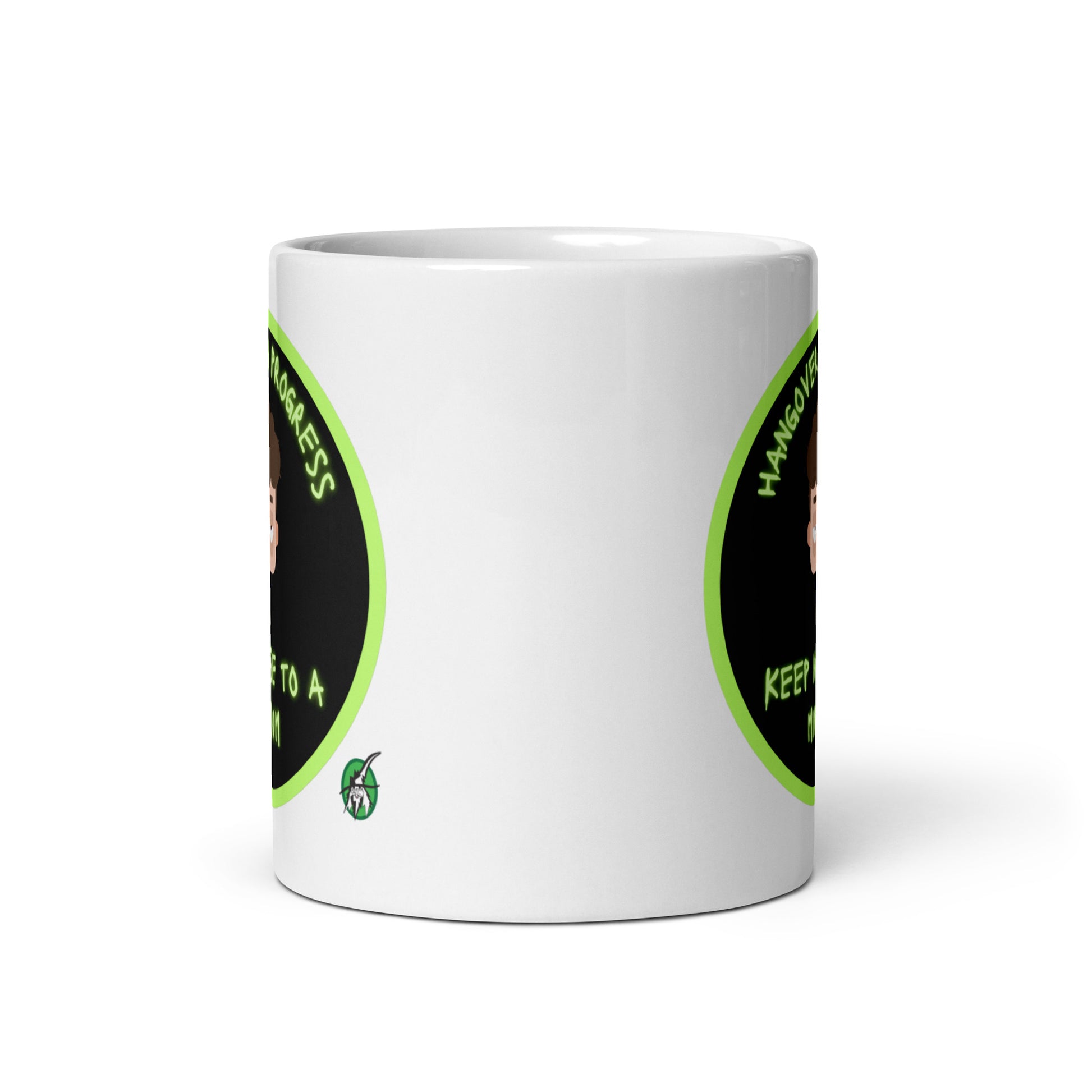 Wizard Prints white graphic mug with a sleepy cartoon character and 'Hangover in progress. Keep noise to a minimum' text on a white background.