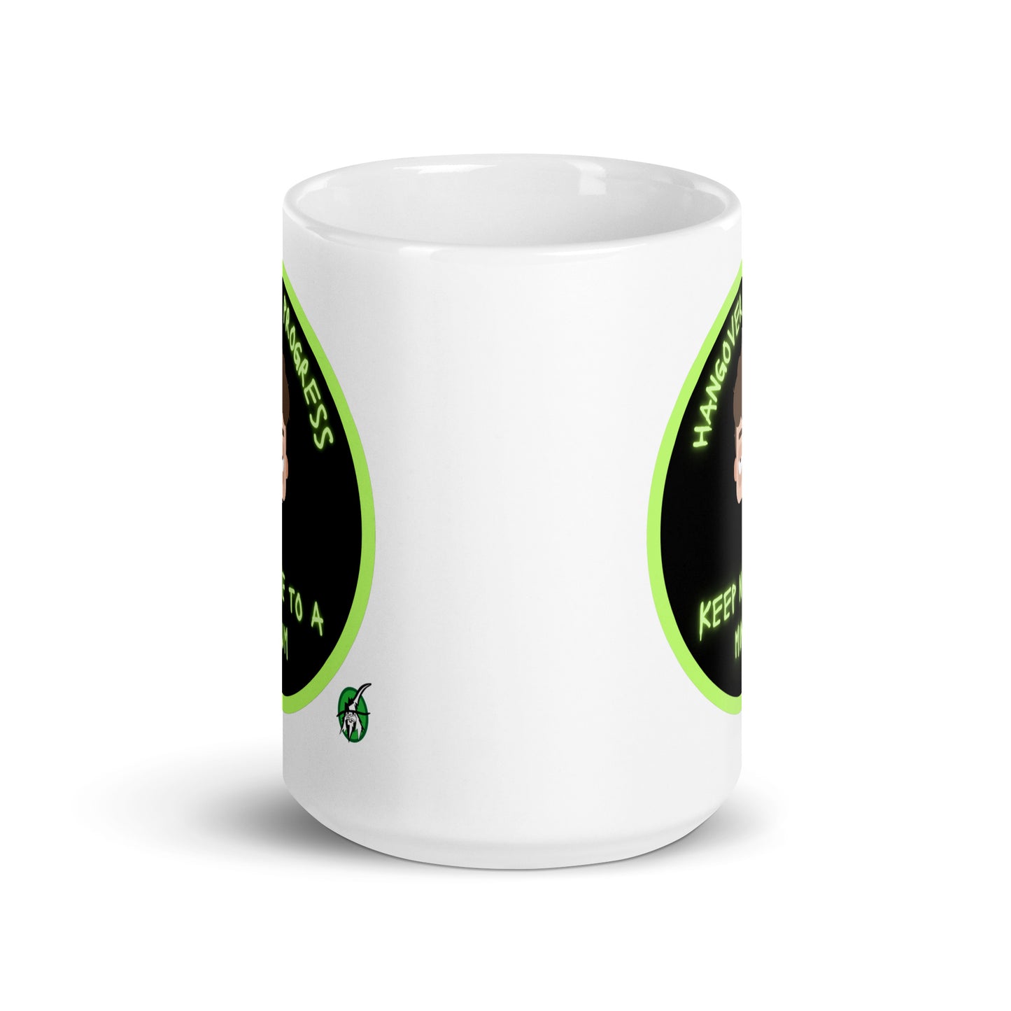 Wizard Prints white graphic mug with a sleepy cartoon character and 'Hangover in progress. Keep noise to a minimum' text on a white background.