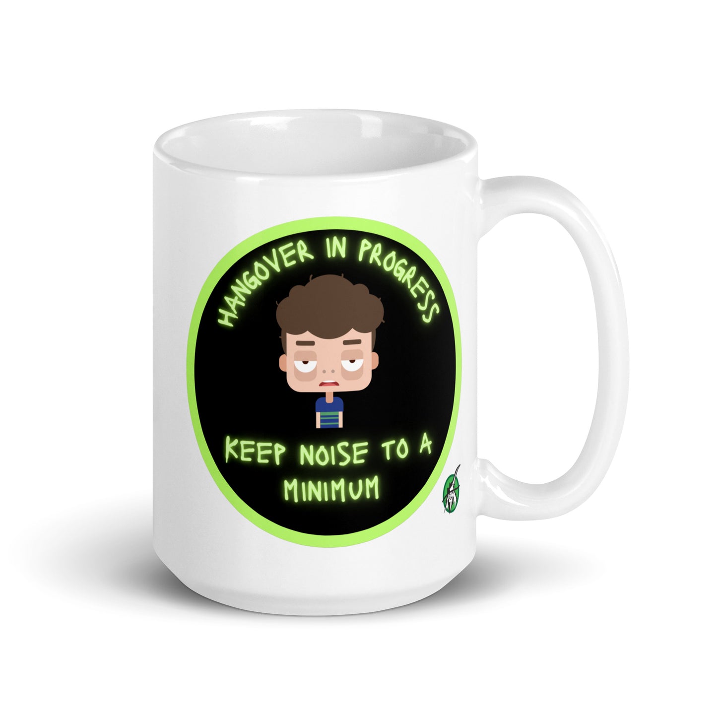 Wizard Prints white graphic mug with a sleepy cartoon character and 'Hangover in progress. Keep noise to a minimum' text on a white background.
