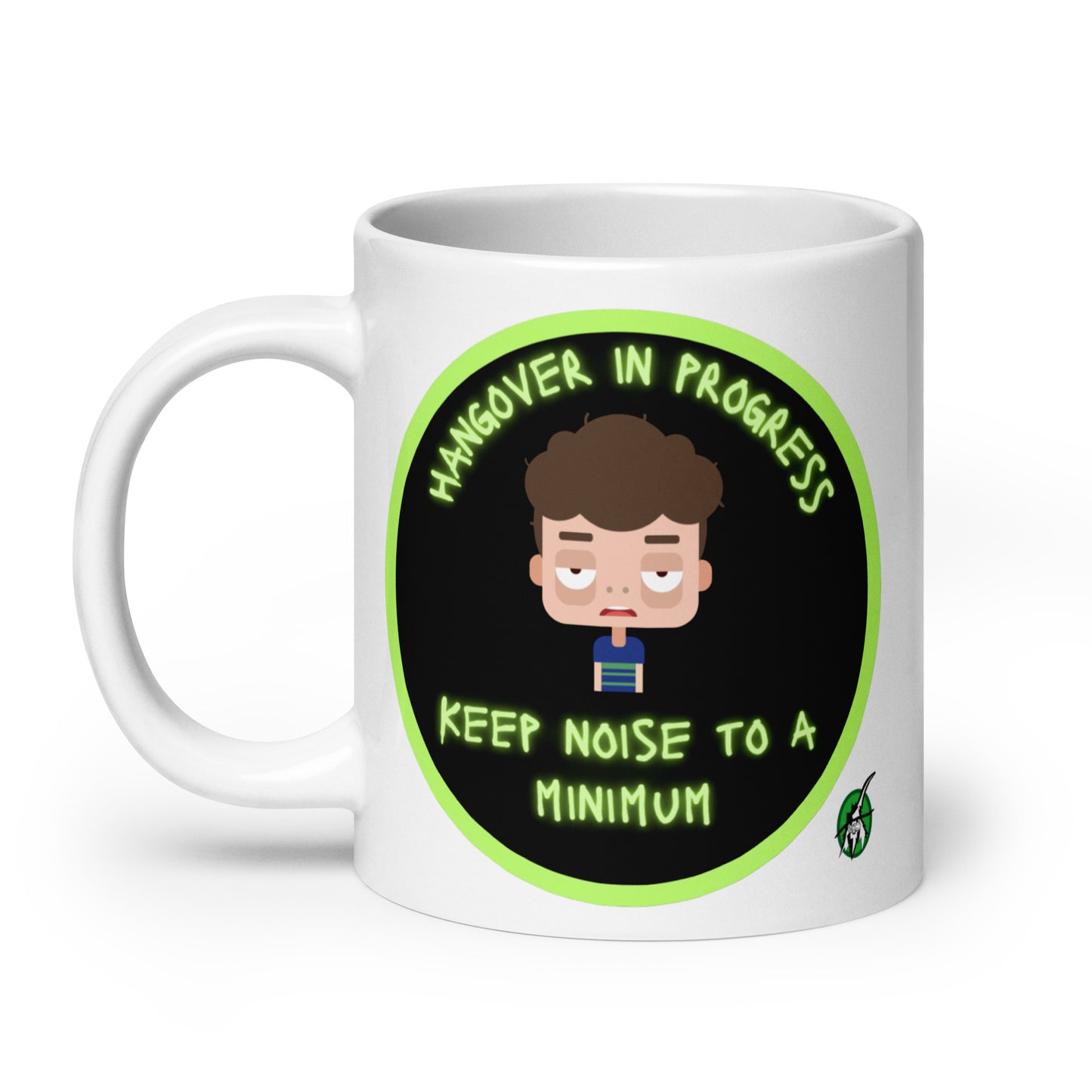 Wizard Prints white graphic mug with a sleepy cartoon character and 'Hangover in progress. Keep noise to a minimum' text on a white background.