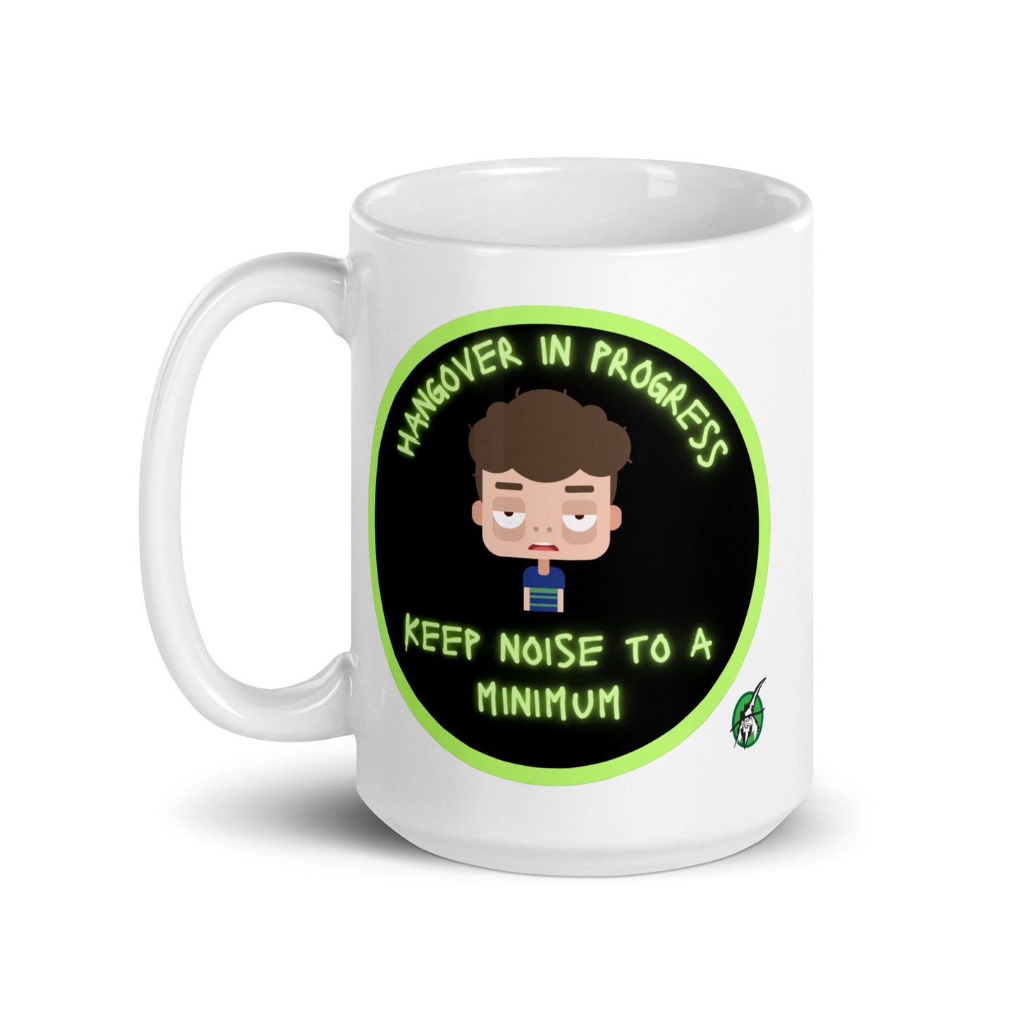 Wizard Prints white graphic mug with a sleepy cartoon character and 'Hangover in progress. Keep noise to a minimum' text on a white background.