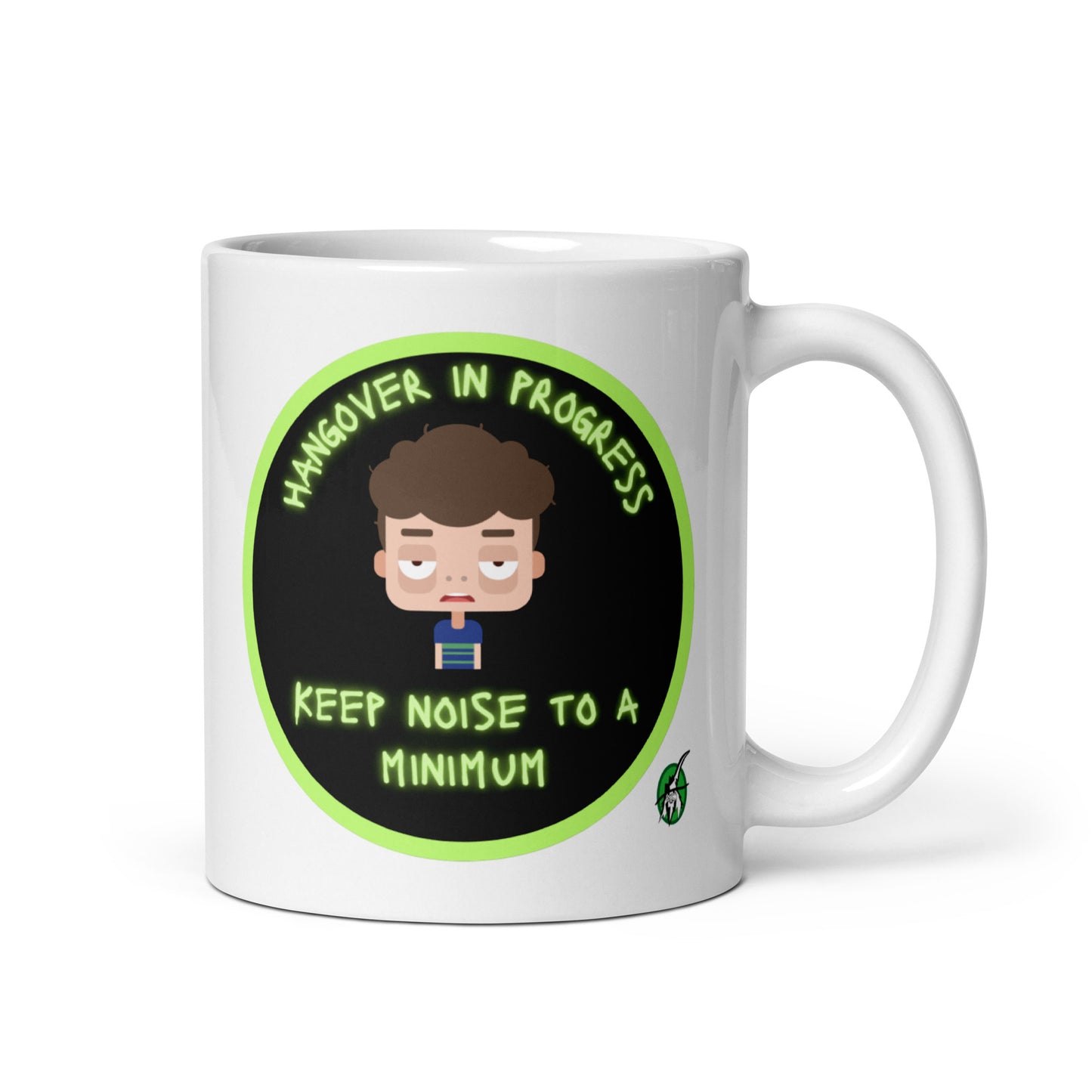 Wizard Prints white graphic mug with a sleepy cartoon character and 'Hangover in progress. Keep noise to a minimum' text on a white background.