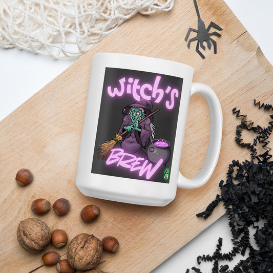 Wizard Prints mug with witch graphic and 'Witch's Brew' text on a wooden board with nuts and spider decorations.