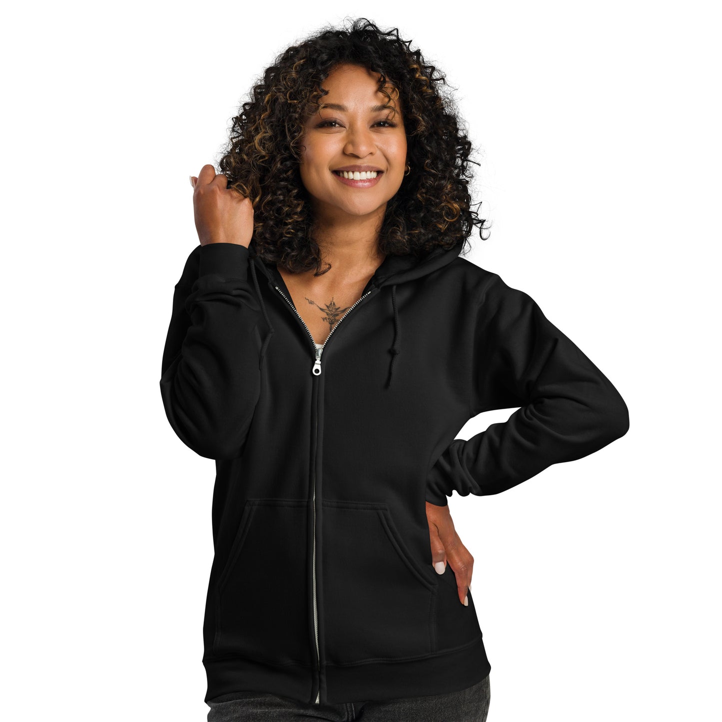 A lady standing wearing a black zip through hoodie by Wizard Prints Shop
