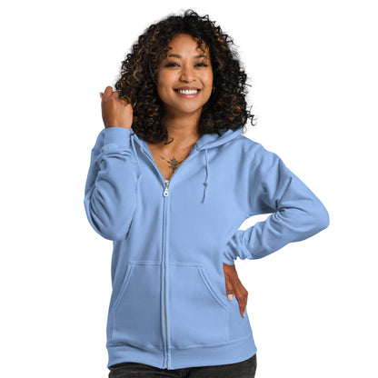A lady standing wearing a blue zip through hoodie by Wizard Prints Shop
