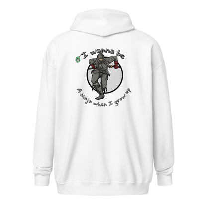 Women's white zip through hoodie with a graphic on the back of a ninja wearing grey against a white circle with the words, I wanna be a ninja when I grow up, by Wizard Prints