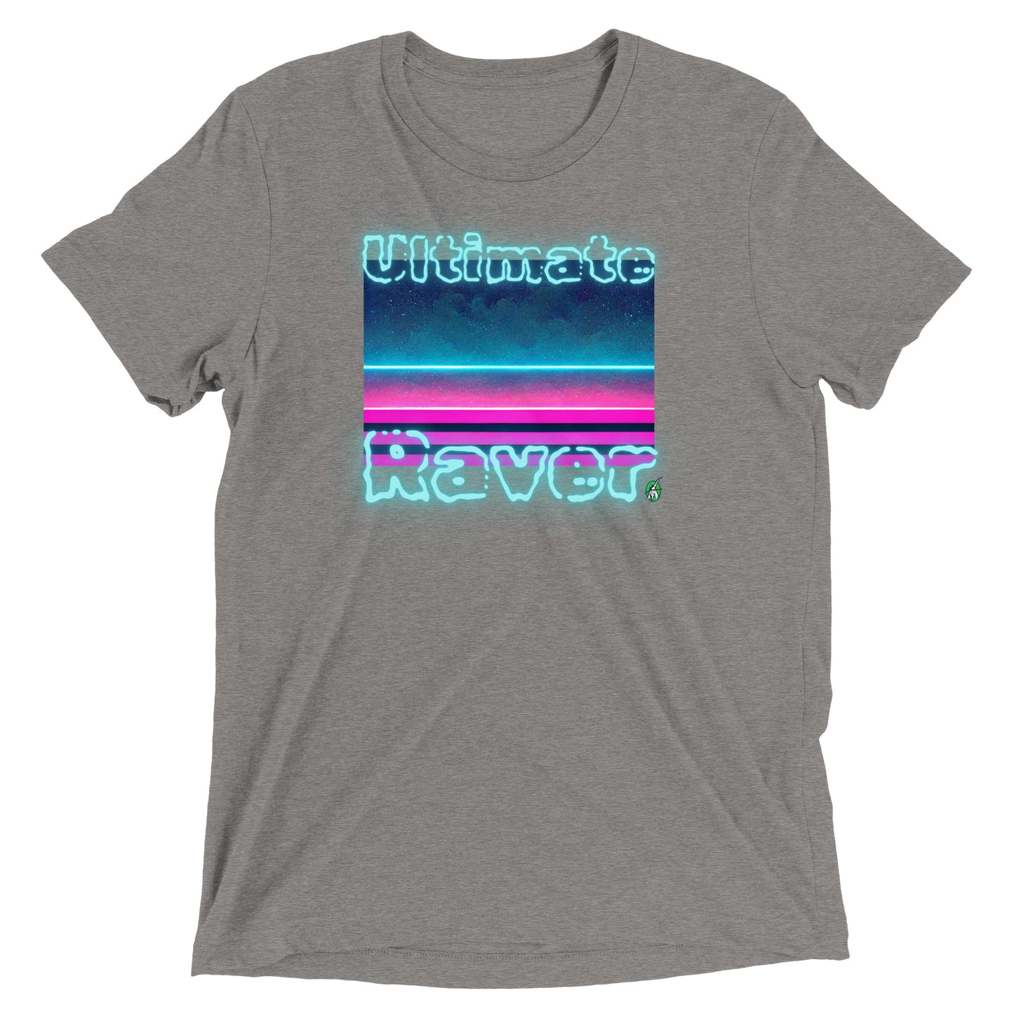 Women's festival graphic t-shirt in grey from Wizard Prints Shop with the slogan, Ultimate Raver on a background of bright colours