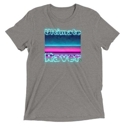 Women's festival graphic t-shirt in grey from Wizard Prints Shop with the slogan, Ultimate Raver on a background of bright colours
