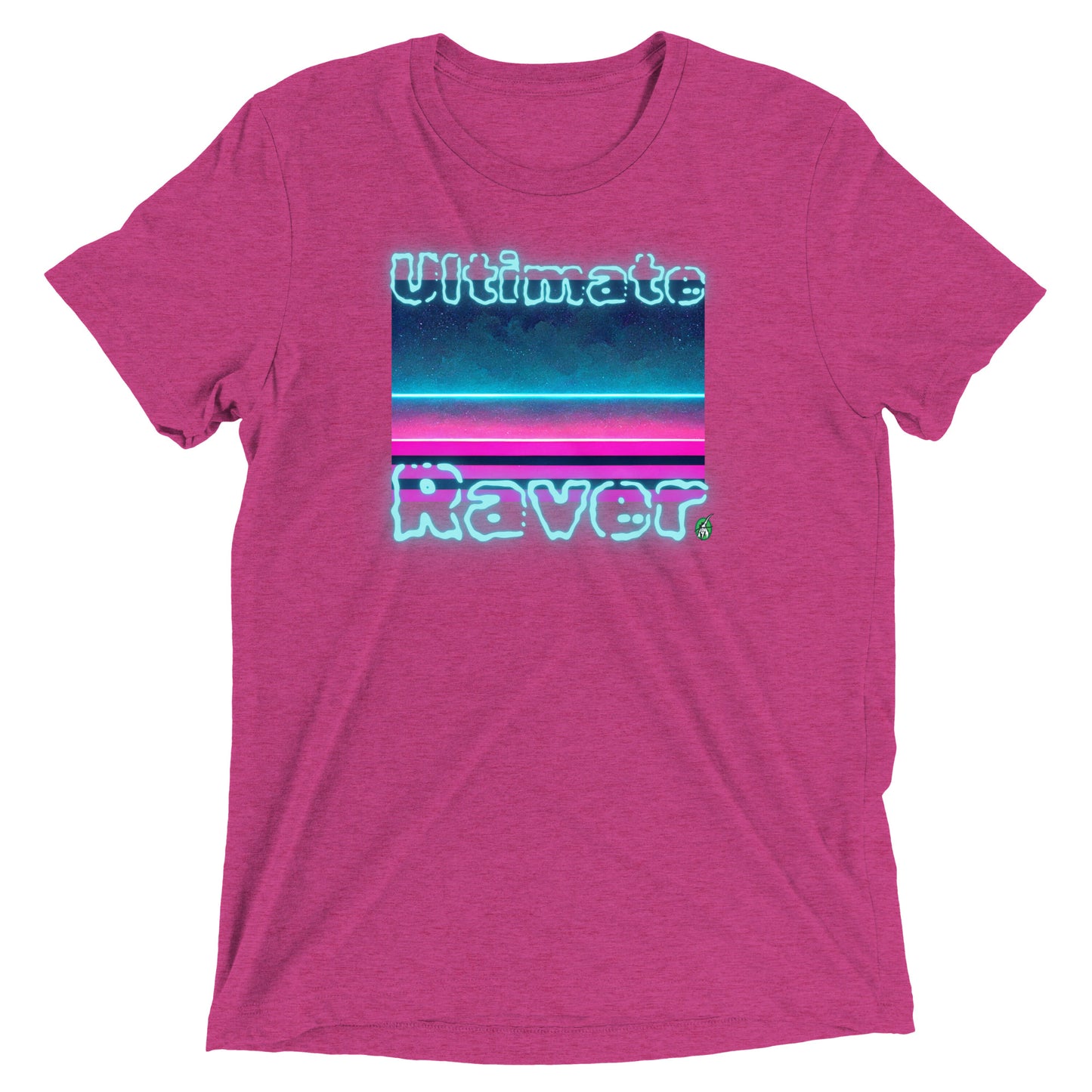 Women's festival graphic t-shirt in pink from Wizard Prints Shop with the slogan, Ultimate Raver on a background of bright colours