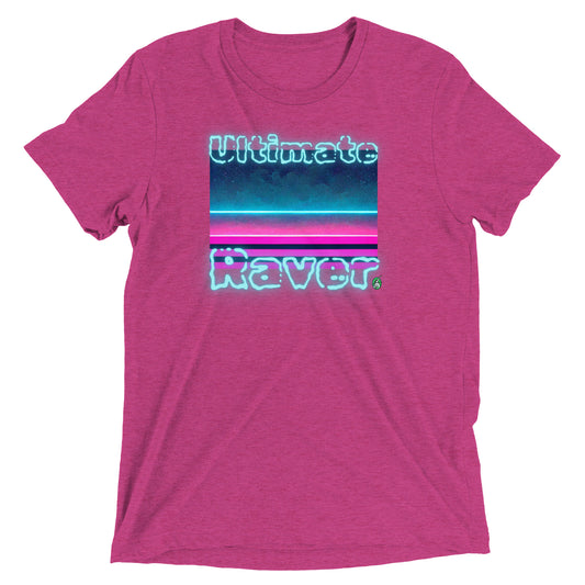 Women's festival graphic t-shirt in pink from Wizard Prints Shop with the slogan, Ultimate Raver on a background of bright colours