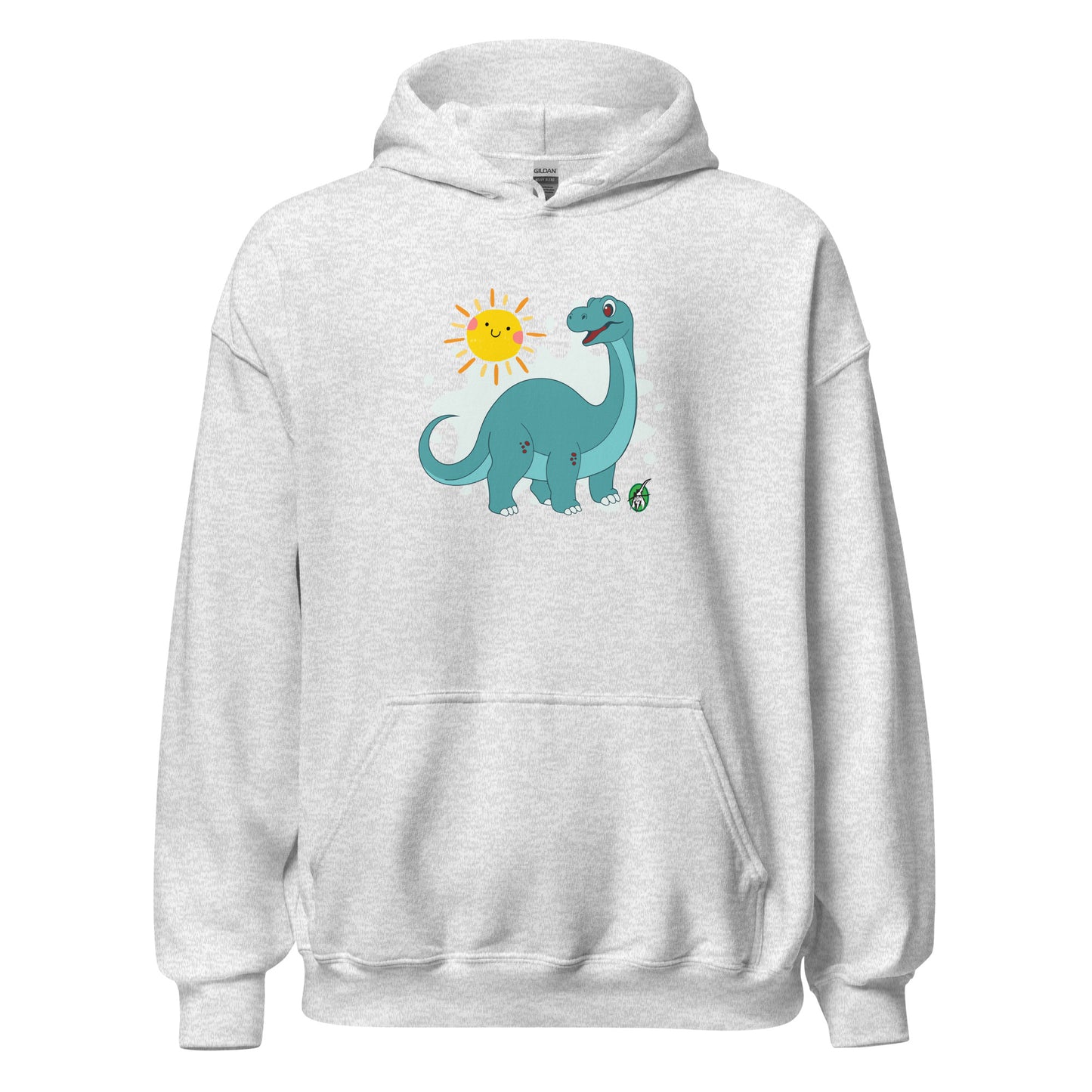 Women's ash hoodie with a printed graphic of a smiling cartoon dinosaur and the sun. Designed by Wizard Prints.