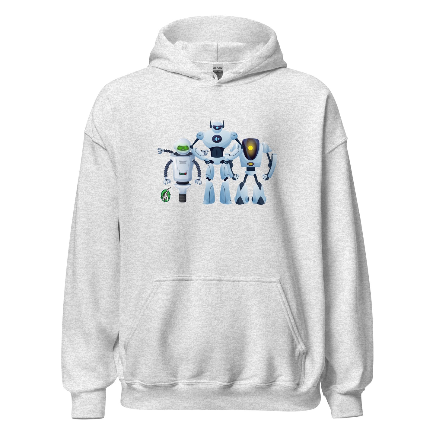 Women's ash hoodie with a printed graphic of three cartoon robots, designed by Wizard Prints