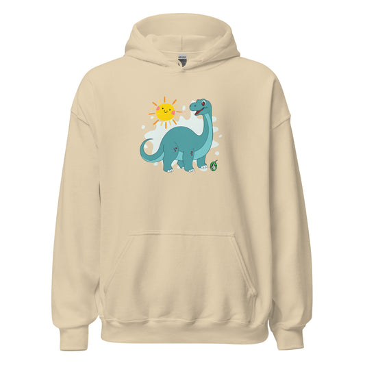 Women's beige hoodie with a printed graphic of a smiling cartoon dinosaur and the sun. Designed by Wizard Prints.