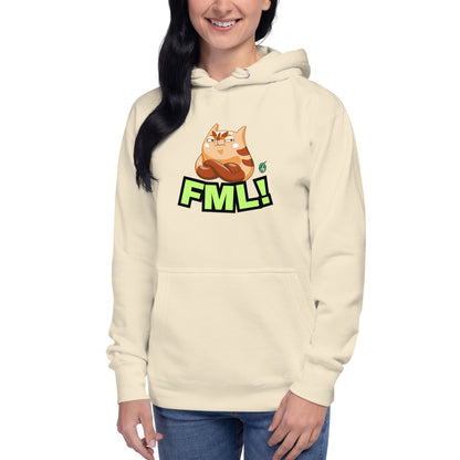 A woman standing wearing a beige hoodie with a printed graphic of a cat with the words, 'FML!'. Designed by Wizard Prints