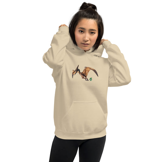 A woman standing wearing a beige hoodie with a printed graphic of a life like pterodactyl dinosaur. Designed by Wizard Prints.
