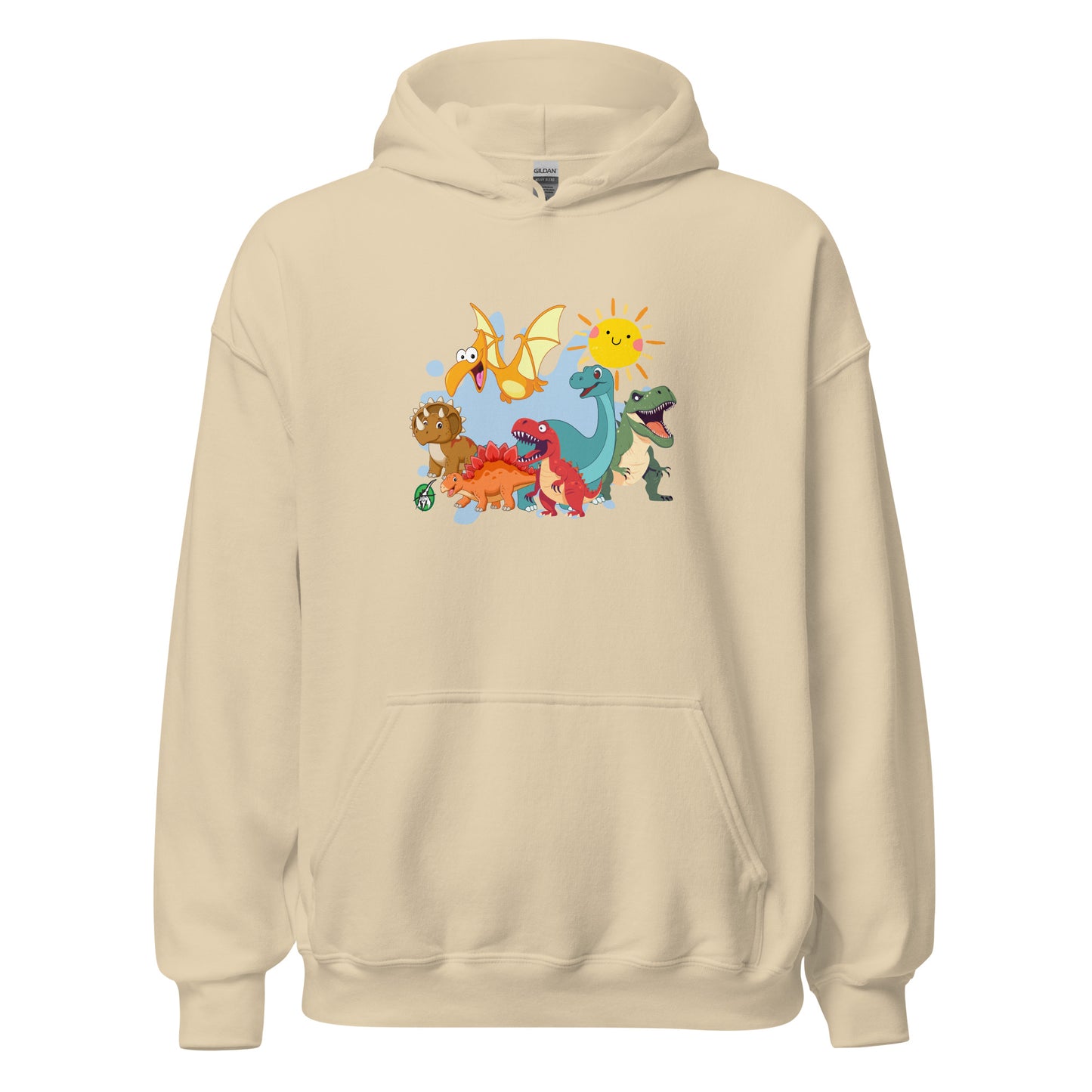 Women's beige hoodie with a printed graphic of different colorful dinosaur types and the sun. Designed by Wizard Prints.