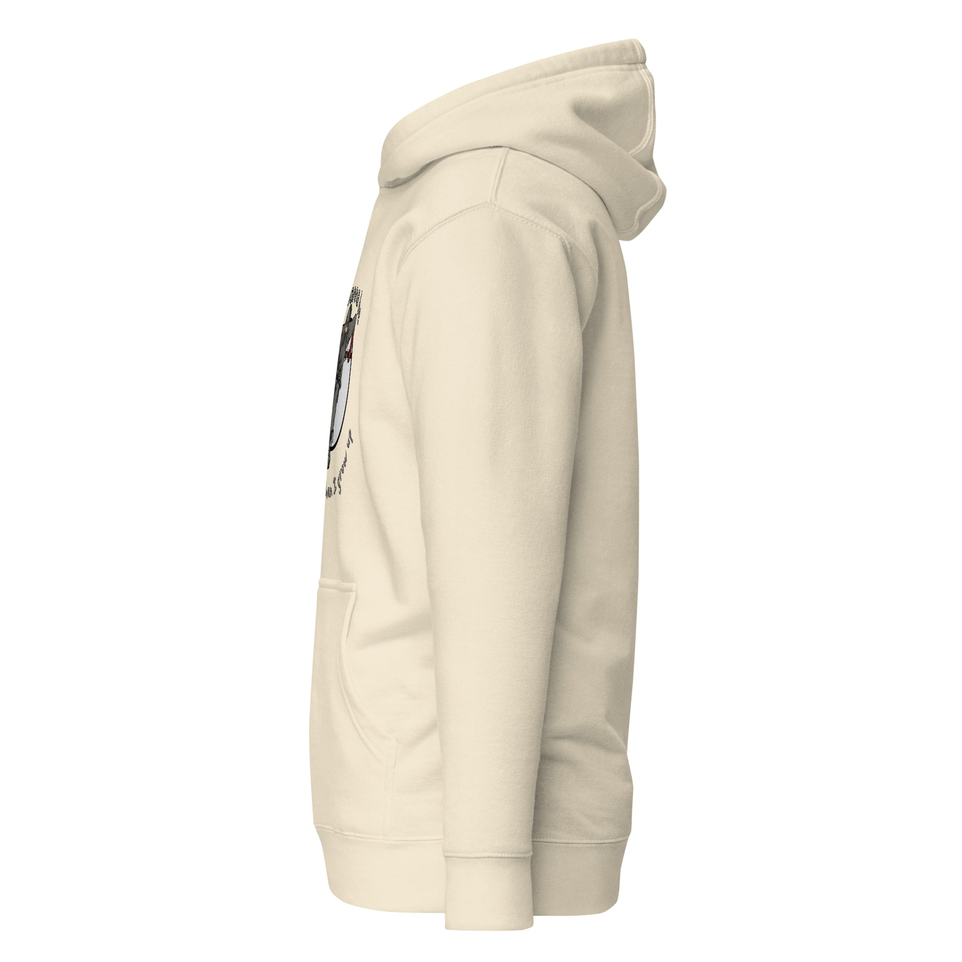 Side view of a women's beige hoodie by Wizard Prints Shop