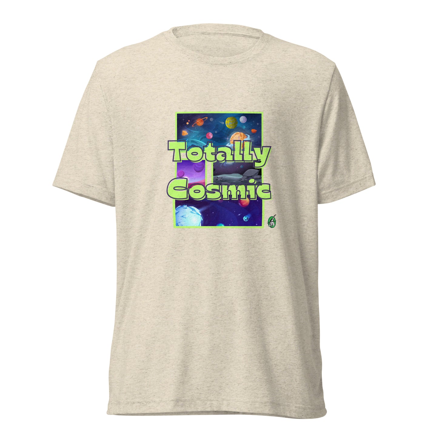 Women's beige t-shirt by Wizard Prints featuring a printed graphic of colorful planets in the background with the words “Totally Cosmic” on top.