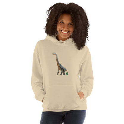A woman standing wearing a beige hoodie with a printed graphic of a life like dinosaur, designed by Wizard Prints