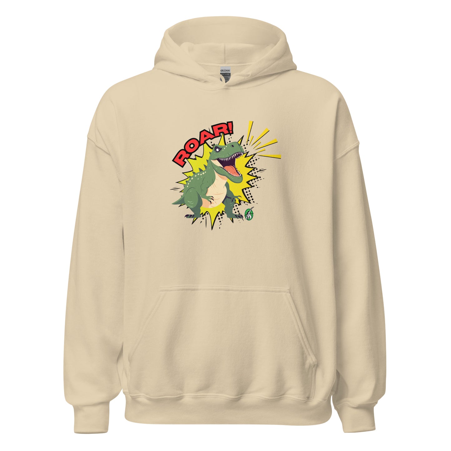 Women's beige hoodie with a printed graphic of a green roaring cartoon dinosaur and the word Roar! Designed by Wizard Prints