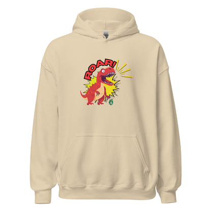 Women's beige hoodie with a printed graphic of a red roaring cartoon dinosaur and the word Roar! Designed by Wizard Prints
