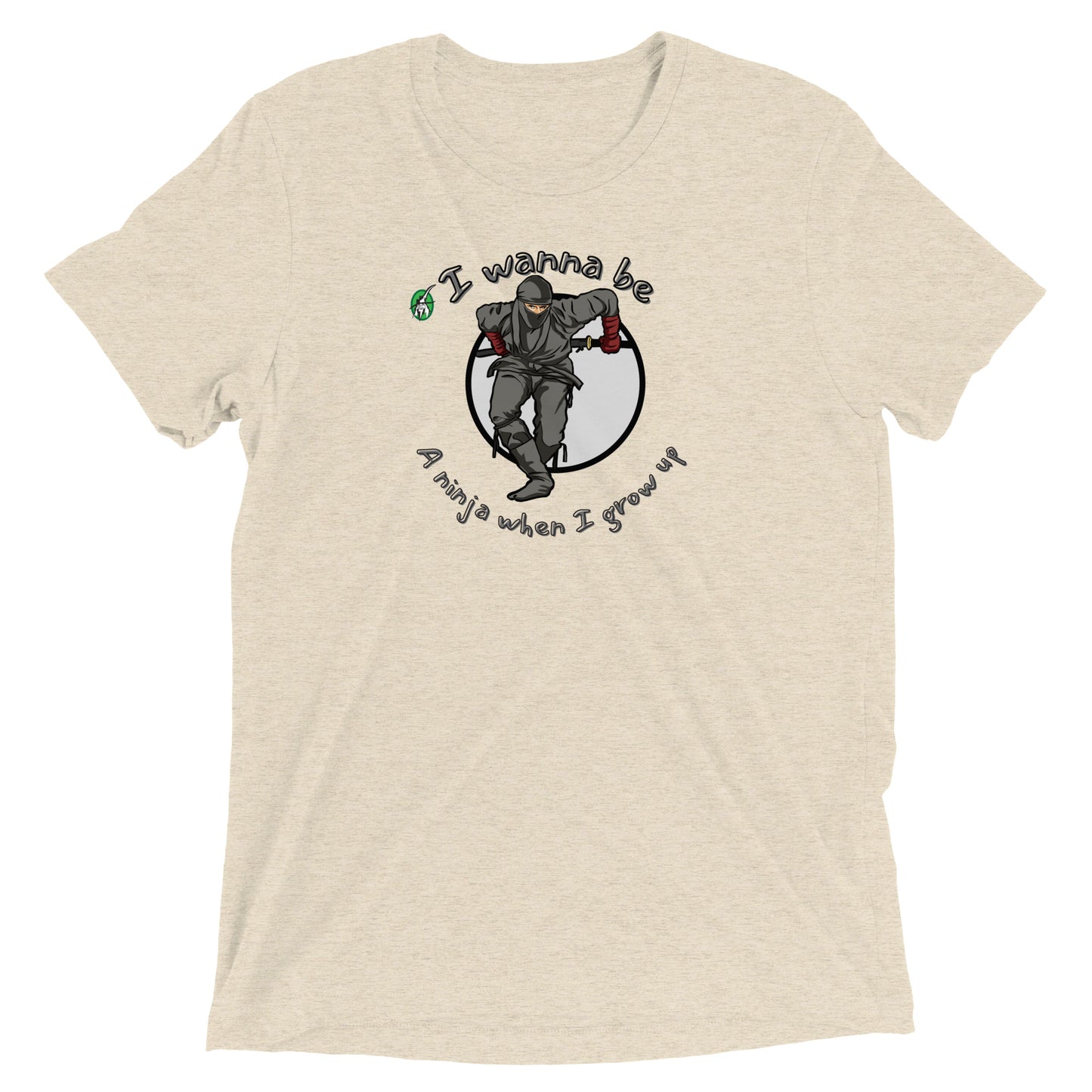 Women's beige t-shirt by Wizard Prints featuring a printed graphic of a ninja with the words, I wanna be a ninja when I grow up.
