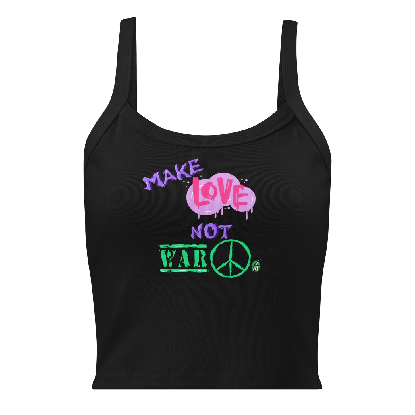 Women's black tank top with Make Love Not War slogan part of the Festival Outfit Ideas from Wizard Prints Shop