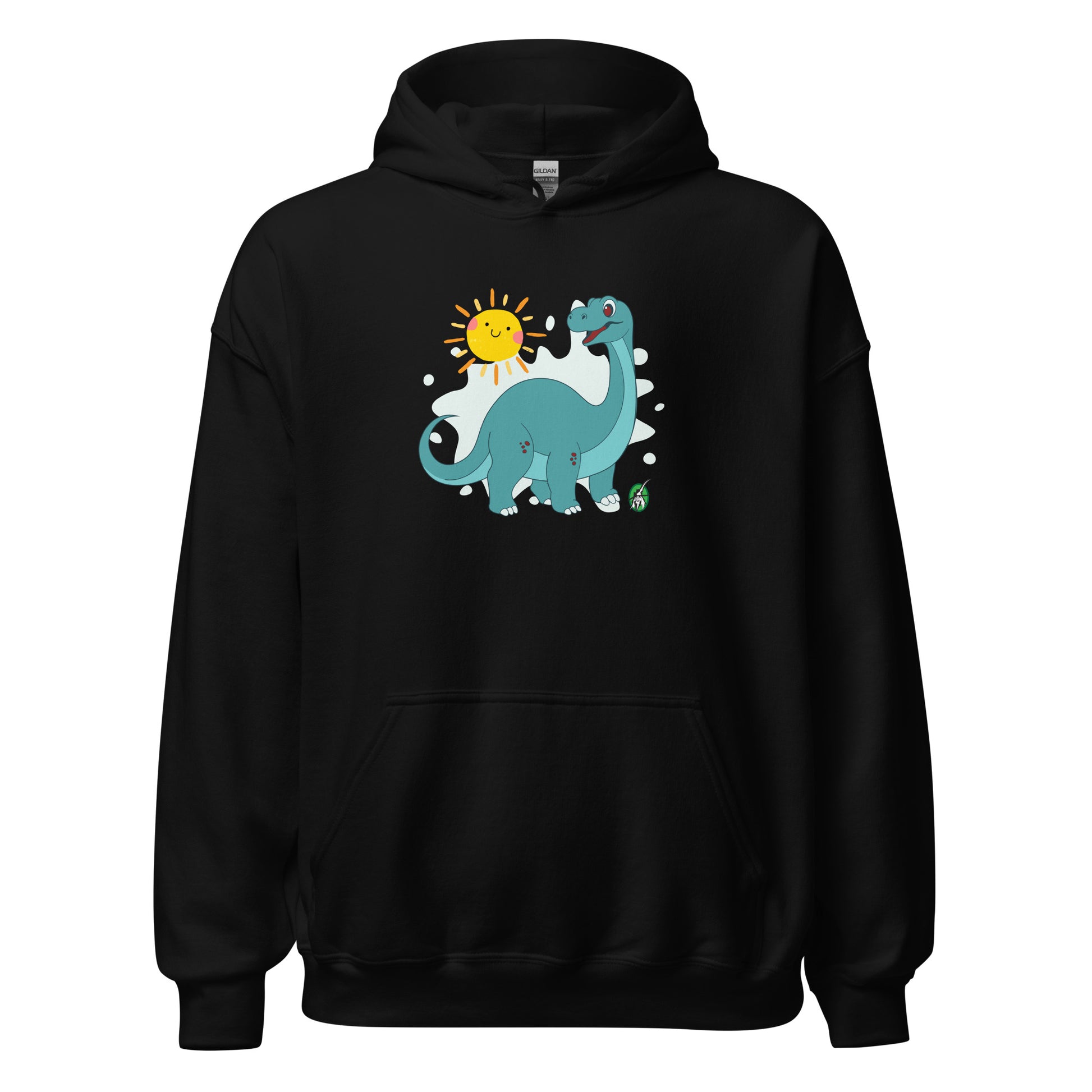 Women's black hoodie with a printed graphic of a smiling cartoon dinosaur and the sun. Designed by Wizard Prints.