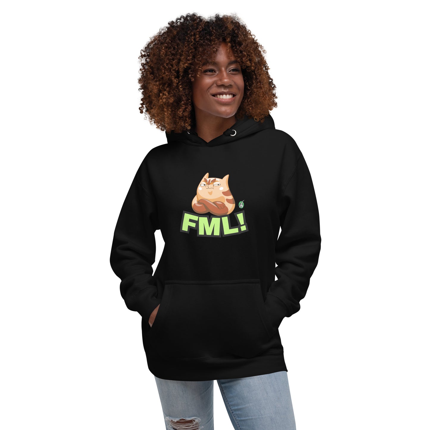 A woman standing wearing a black hoodie with a printed graphic of a cat with the words, 'FML!'. Designed by Wizard Prints