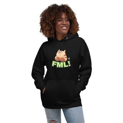 A woman standing wearing a black hoodie with a printed graphic of a cat with the words, 'FML!'. Designed by Wizard Prints