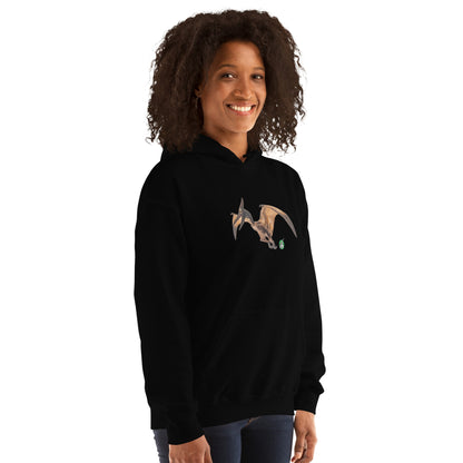 A woman standing wearing a black hoodie with a printed graphic of a life like pterodactyl dinosaur. Designed by Wizard Prints.