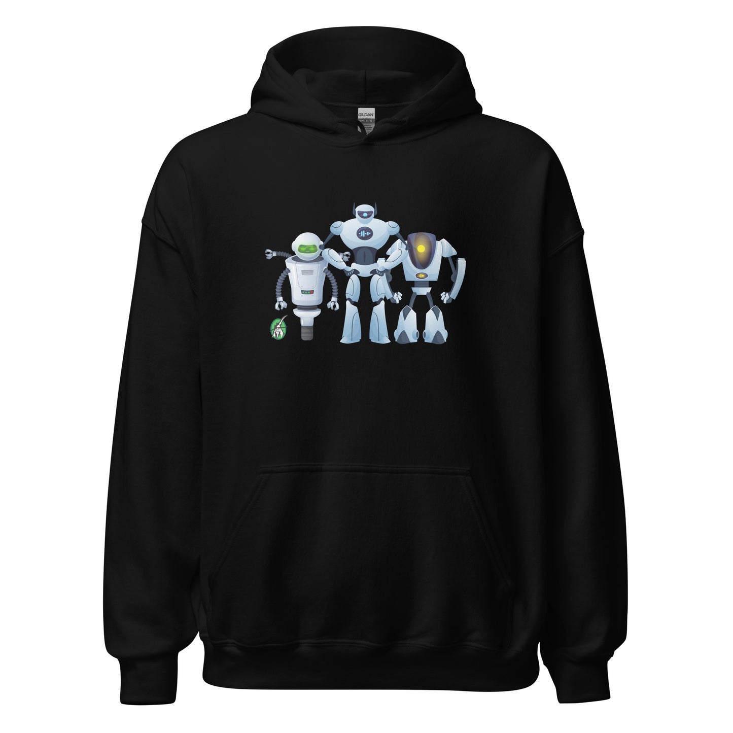 Women's black hoodie with a printed graphic of three cartoon robots, designed by Wizard Prints