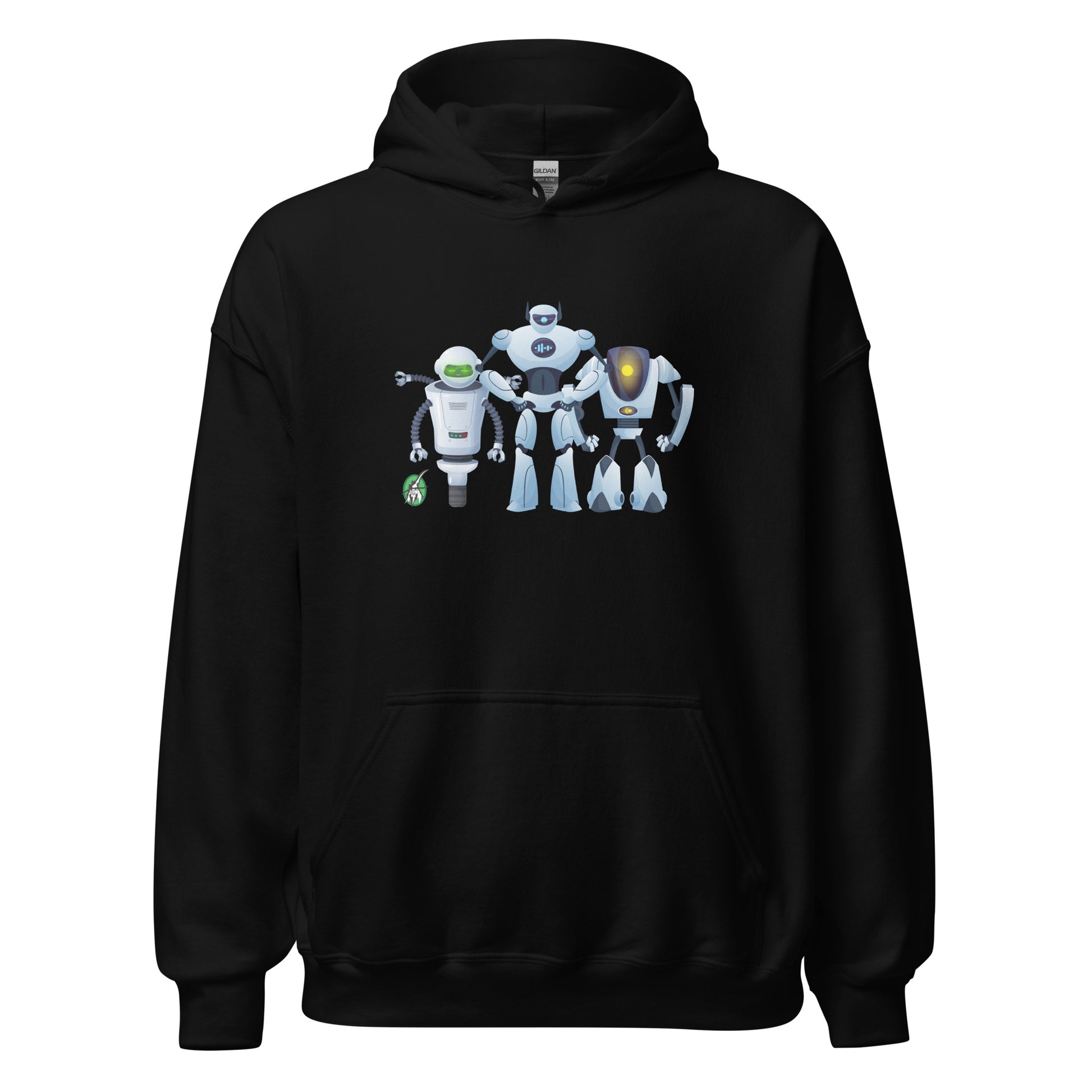 Women's black hoodie with a printed graphic of three cartoon robots, designed by Wizard Prints
