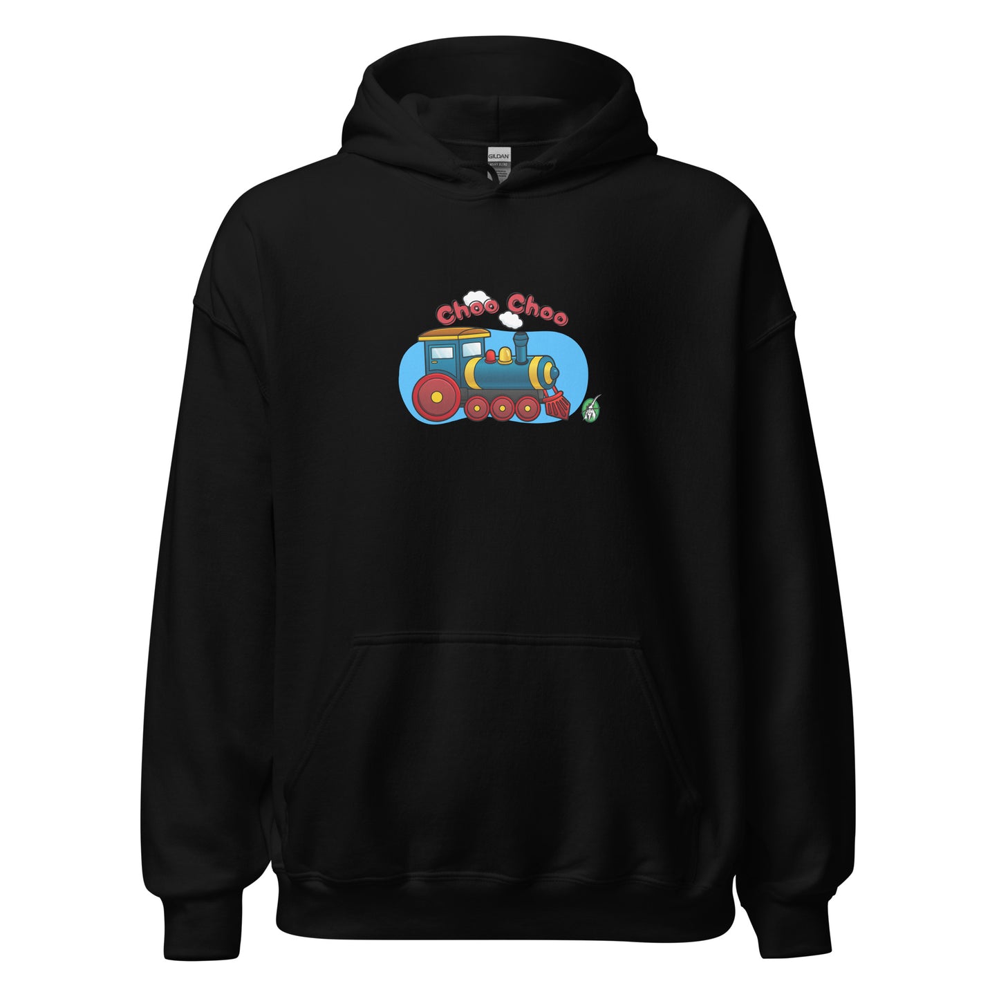 Women's black hoodie with a printed graphic of a cartoon train and the words 'Choo Choo'. Designed by Wizard Prints