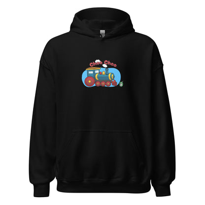 Women's black hoodie with a printed graphic of a cartoon train and the words 'Choo Choo'. Designed by Wizard Prints